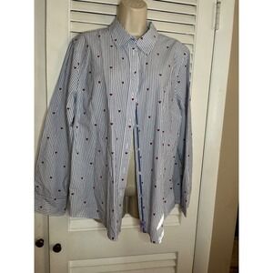 Talbots Womens Striped Heart Print Button Down Shirt XL Blue White Red Casual